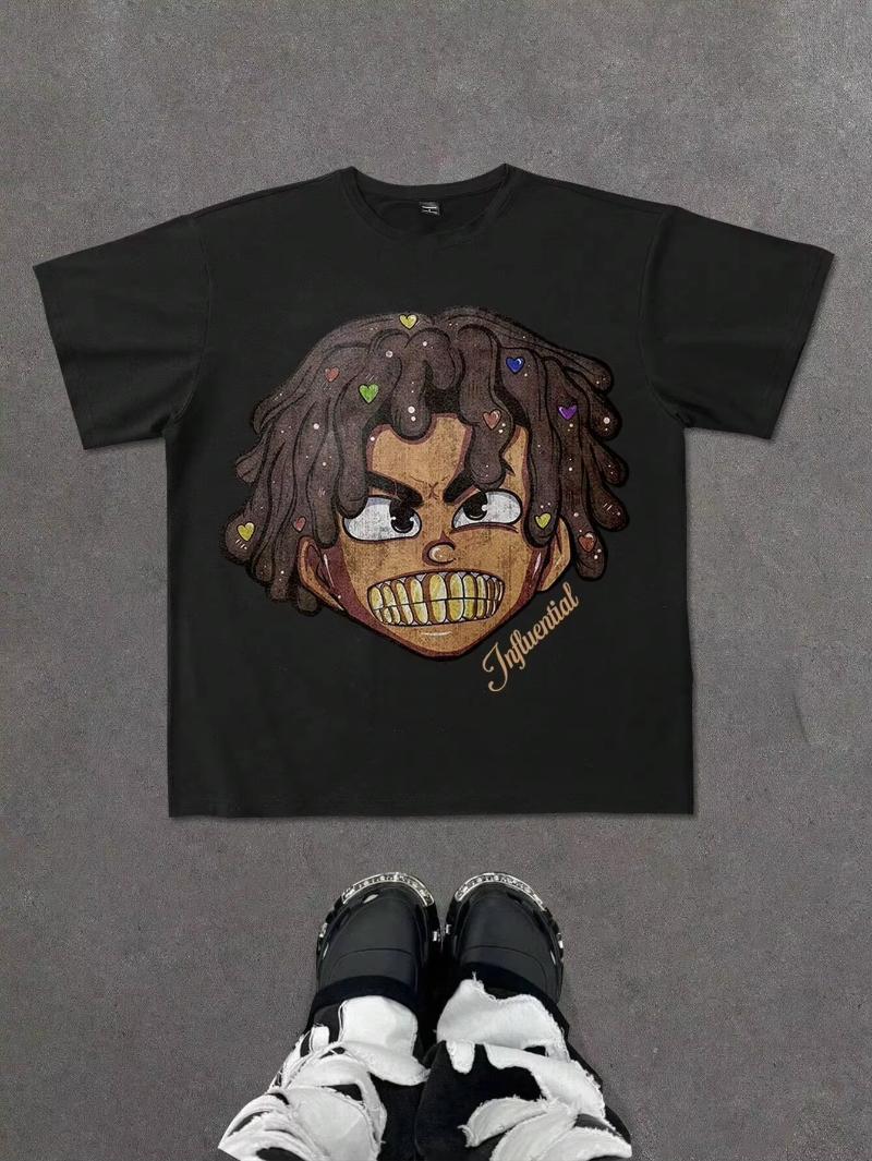 

New summer 2025 fashion cartoon print T-shirt loose plus-size short-sleeved cotton round-neck streetwear for men and women 4XL