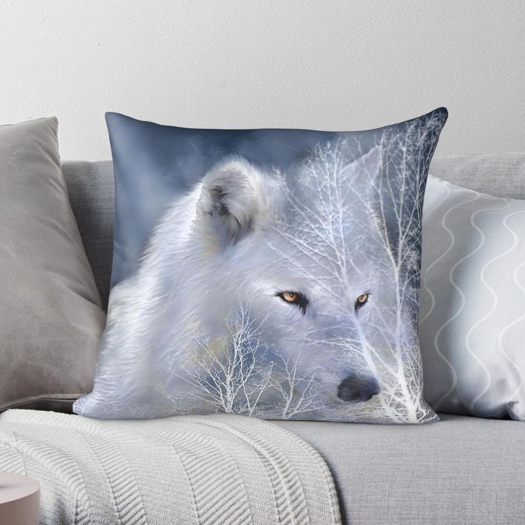 White Wolf Square Pillowcase Polyester Linen Velvet Pattern Zip Decorative Car Cushion Case 45x45