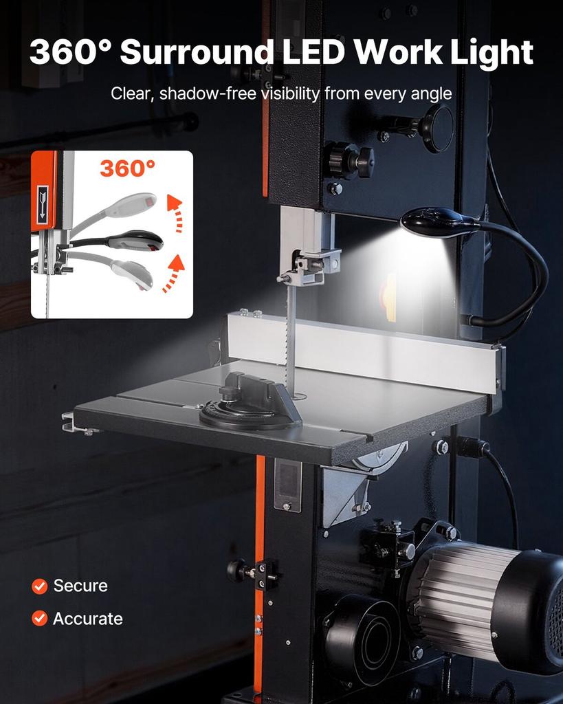Bandsäge, 254 mm, Zweigeschwindigkeits-Tischbandsäge mit 373W 1/2 PS Motor, 160 mm max. Schnitthöhe, 335 x 340 mm Gusseisentisch, mit 360° Arbeitsleuchte,