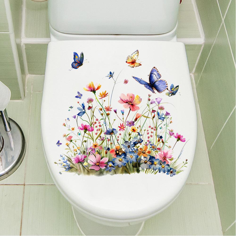 Flower Wall Stickers, Self-adhesive Butterfly Toilet Sticker Peel And Stick, Floral Leaf Decor Art DIY Wall Decals Wallpaper Supplies For Refrigerator