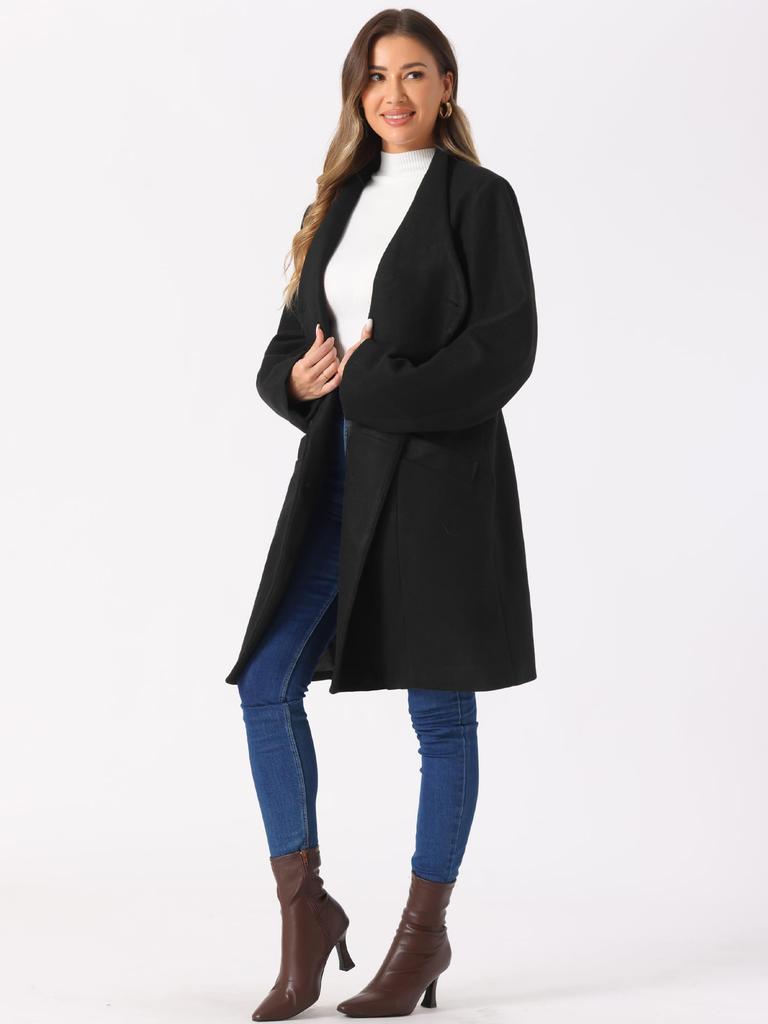 Allegra K Women's Button-Down Coat, Stand Collar, Long Sleeves, Belted, Winter Classic Long Coat, Black, Size M
