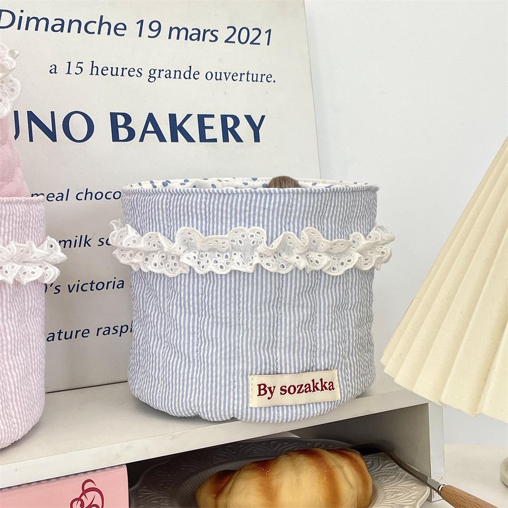 Korean Quilted Fabric Basket for Girls - Round Storage Organizer for Toys and Snacks.