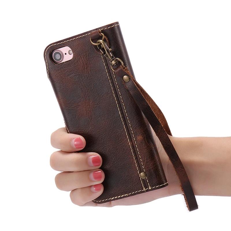 Naturalne etui ze skóry Genuine do IPhone 7 Plus 8Plus IPhone6 6Plus 6s 16 Pro Max Retro Vintage Flip Cover z kieszonką na karty i paskiem
