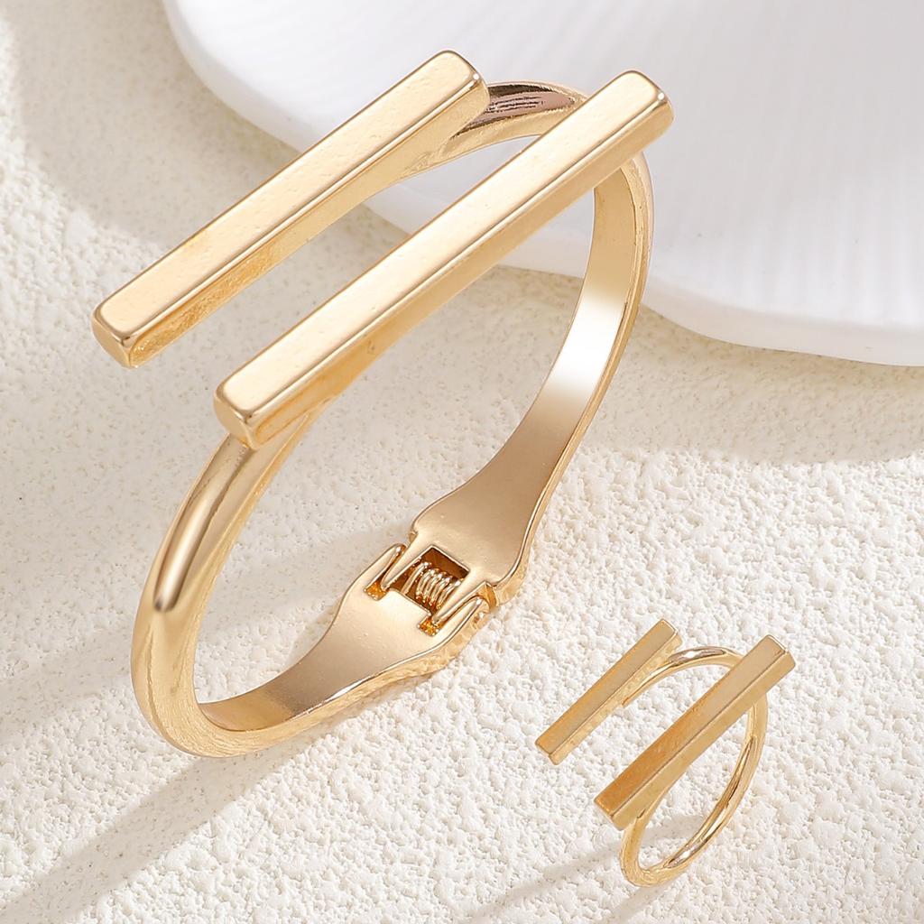 Geometric Bar Open Cuff Bracelet and Ring Set Minimalist Gold Tone Jewelry for Women