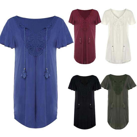 Sommer Strand Damen Unifarben Spitze Nähte V-Ausschnitt Kurzarm Minikleid
