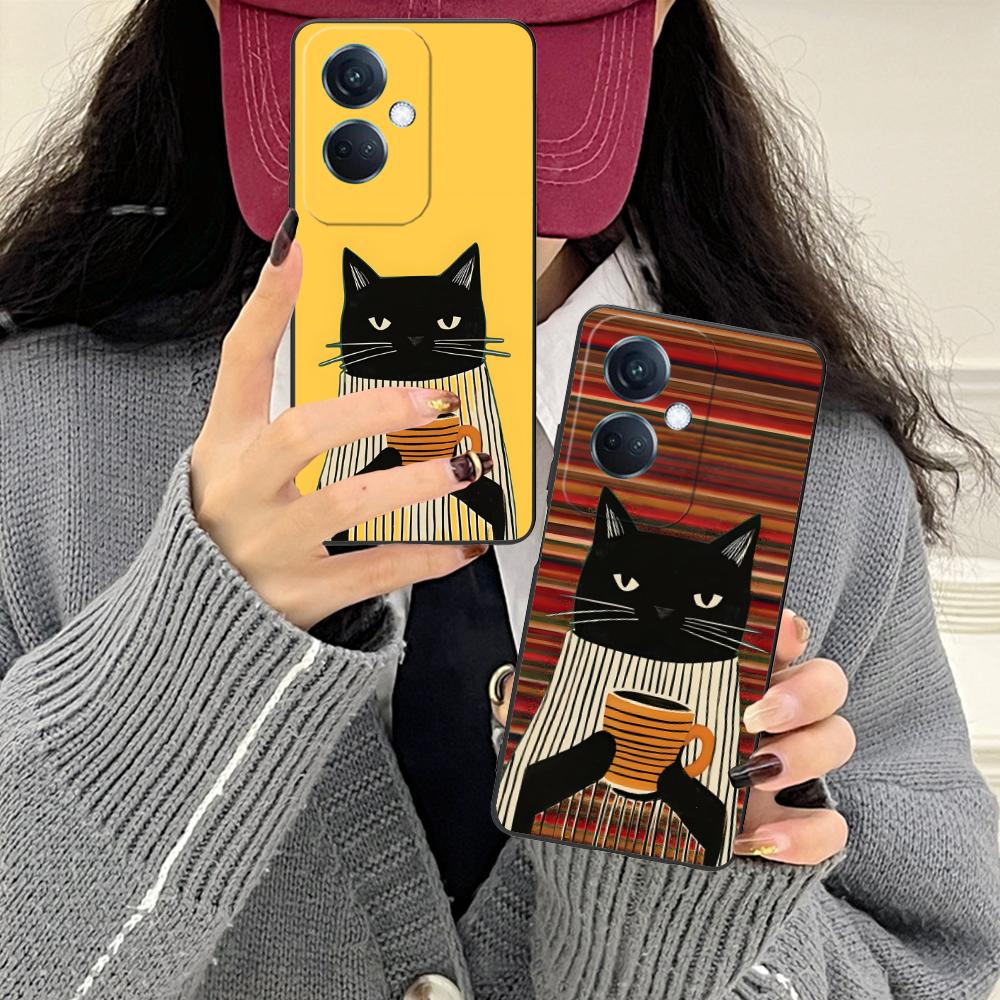 Cute Coffee Cat Matte TPU Mobile Phone Case for OPPO Reno 14 13 12 11 10 9 8 7 6 5 F T Pro 5G Colorful Printing Cover