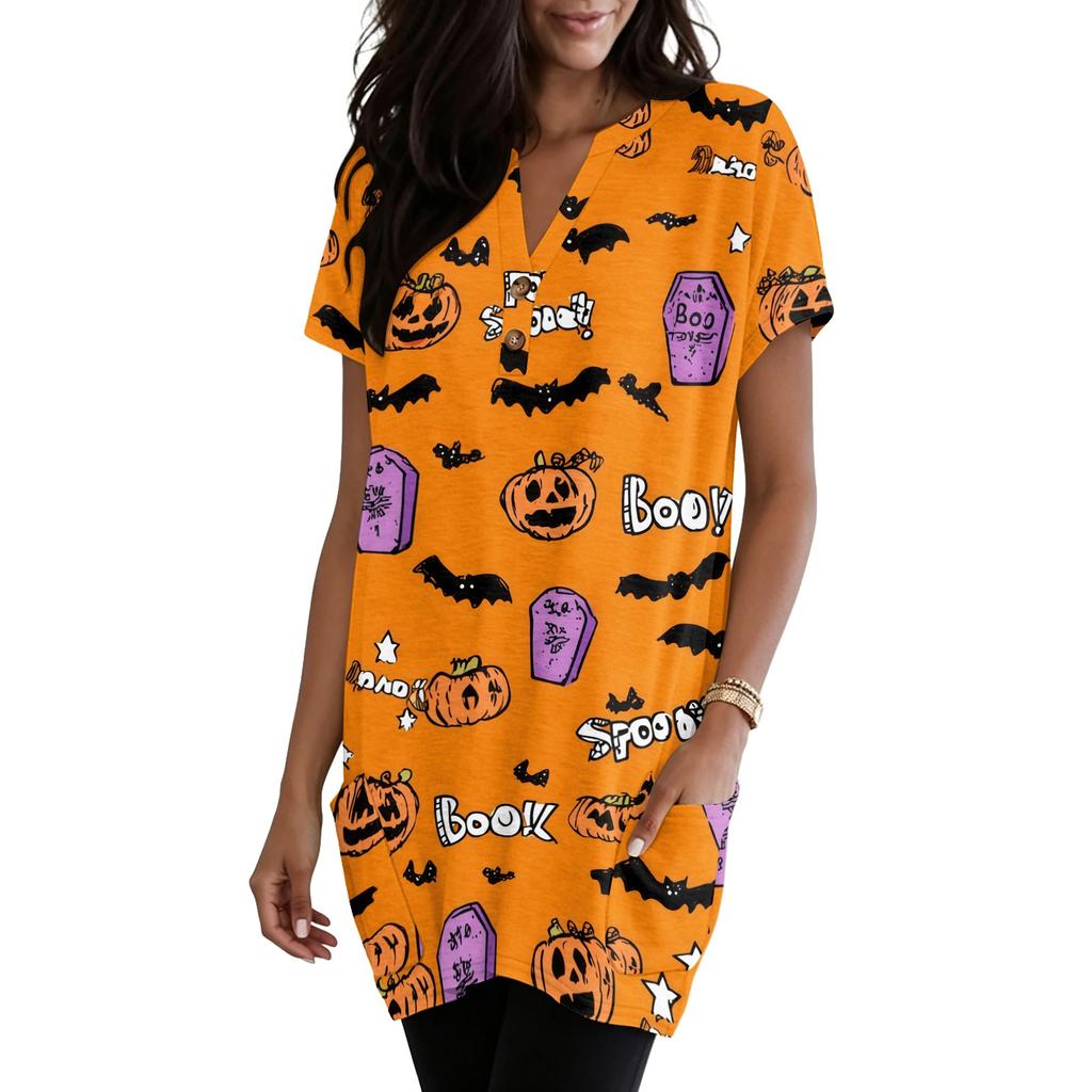 Women's V Neck Halloween Print Short Sleeve Pullover Dress with Pocket Casual Loose Fit Tunic Dress for Daily Wear