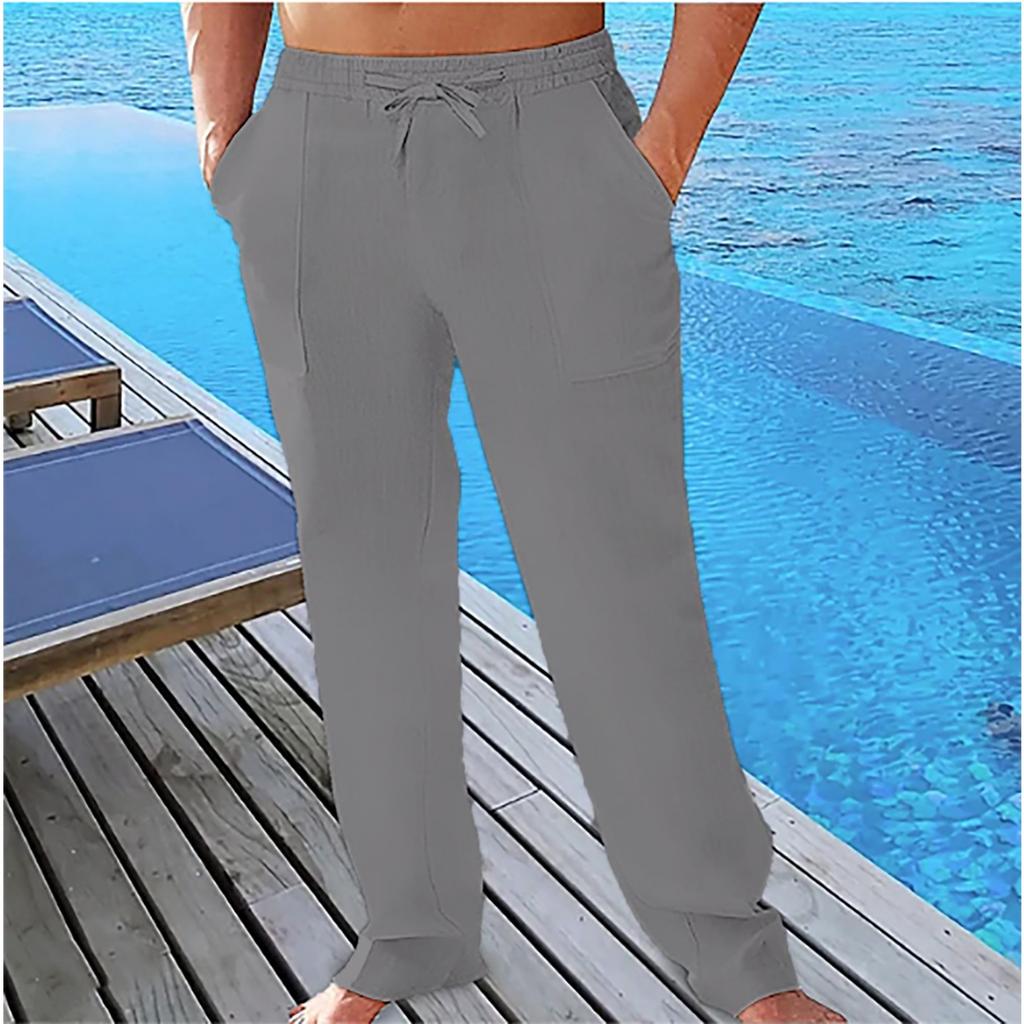 Cross-border men's casual summer breathable pants waist drawstring pockets cotton and linen trousers beach pants
