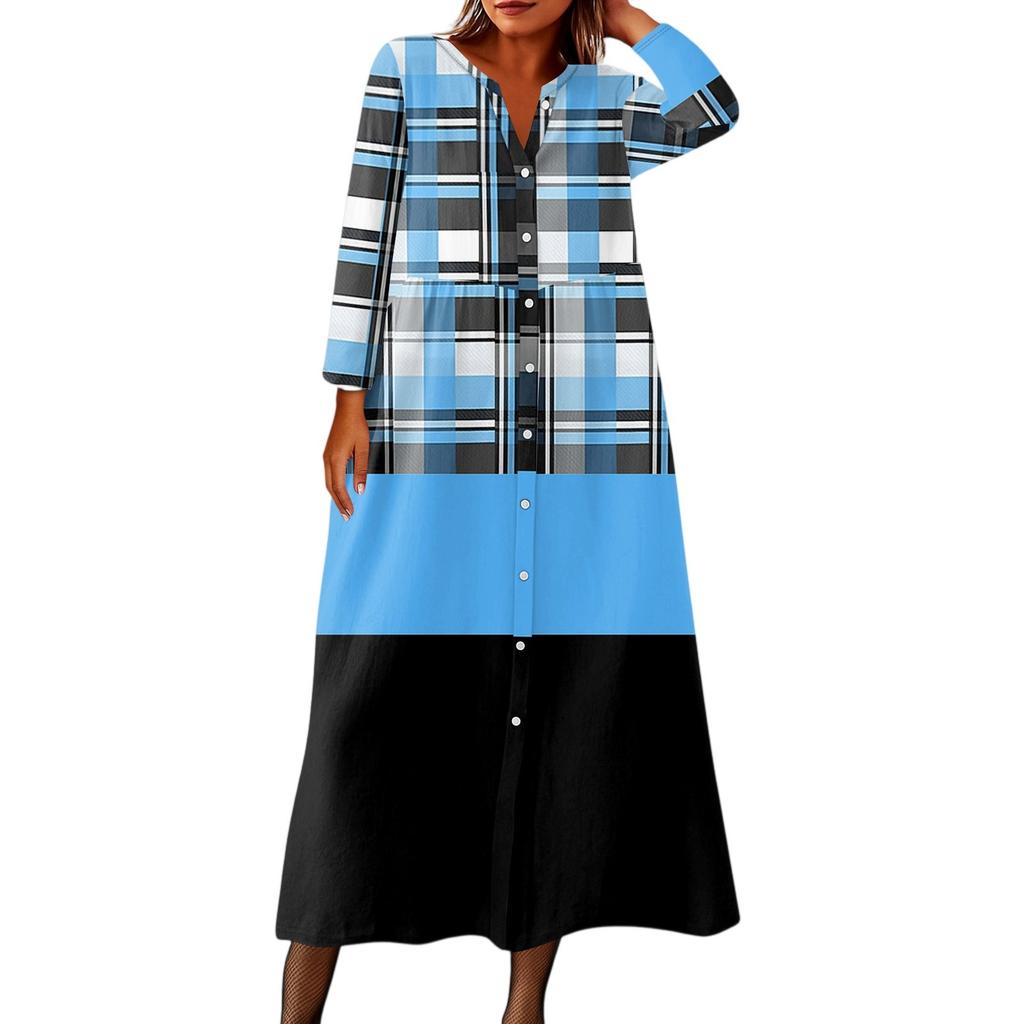 Dame Mote Trykket Rund Hals Syv Kvart Erm Knapp Løs Skjortekjole