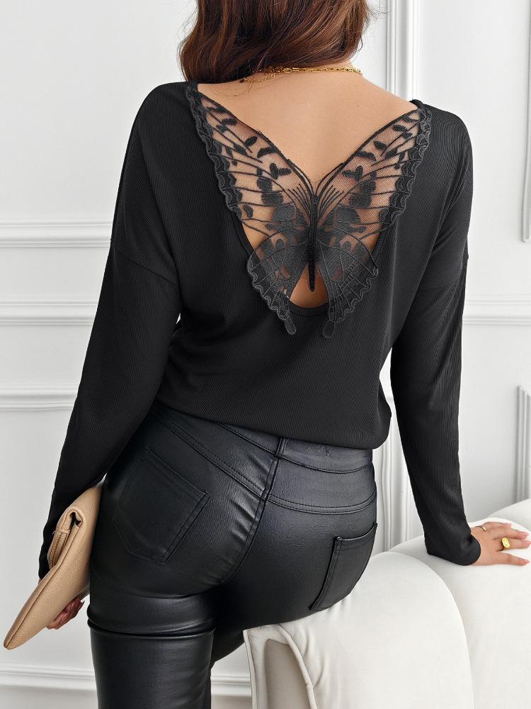 Women's Solid Color Back Splicing Butterfly Flower Rib Long Sleeve T-shirt Tops for Women Versatile Closet Essential Fashion Items Shirt