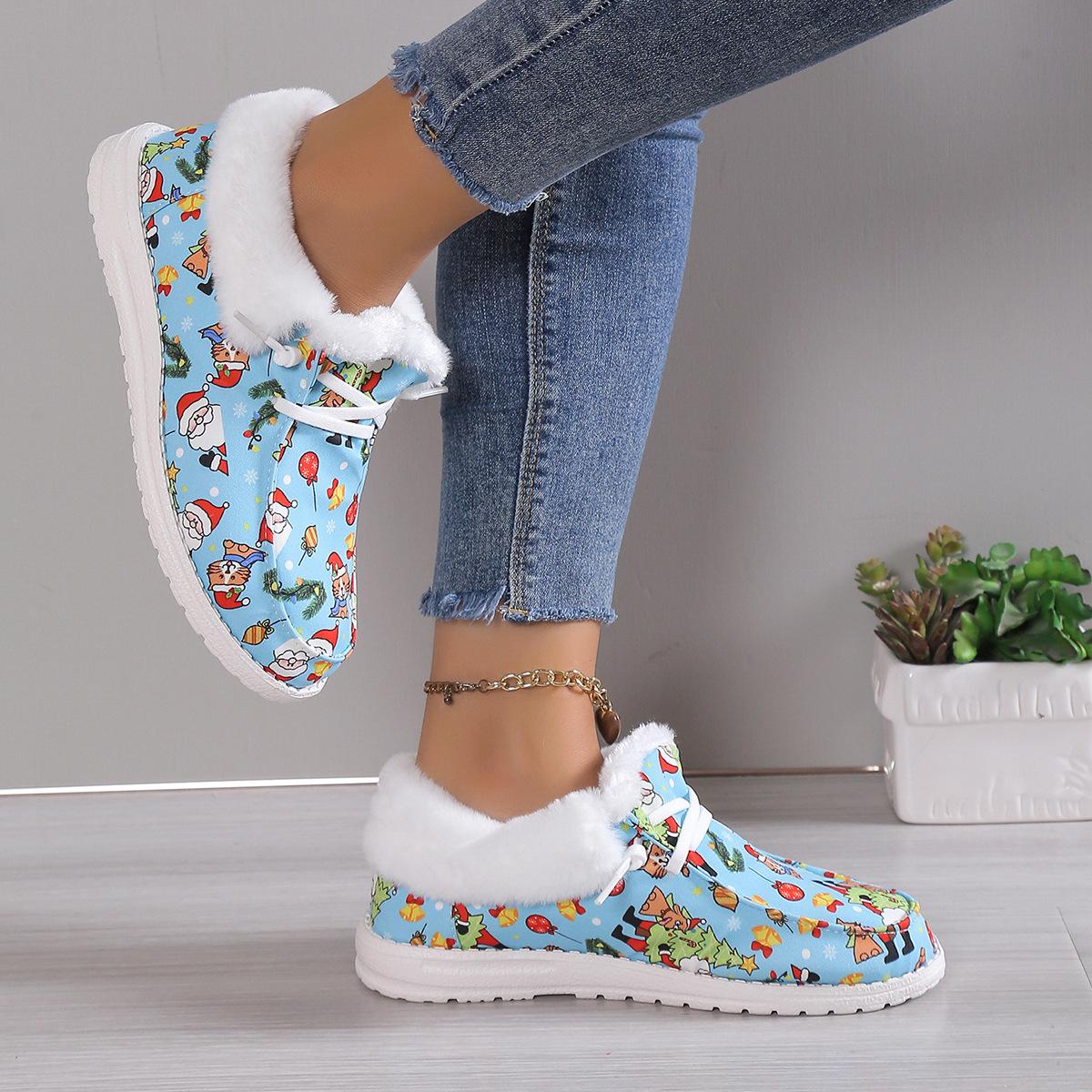 

Christmas printed cotton shoes women s winter new large size women s shoes lace-up round head velvet thermal cotton boots 44