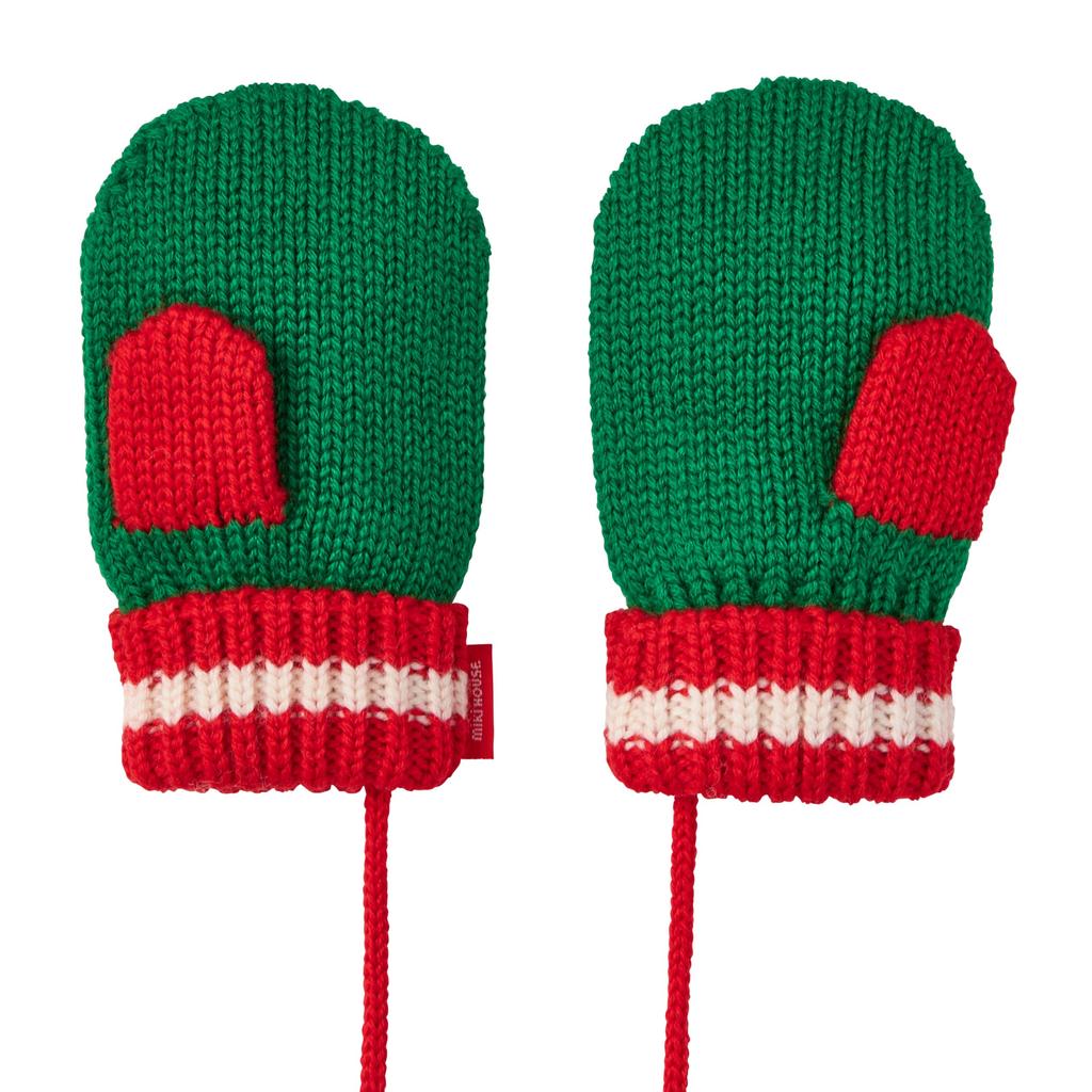 MIKI HOUSE Knitted Mittens with Solid for Boys and Size S Red X Drawstring, Logo, Color, Girls, Baby, Kids, Children's Clothing, (1-3 Years), Green,