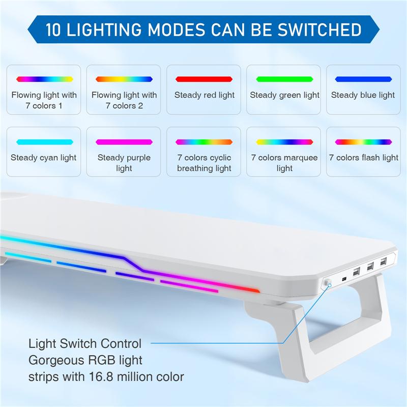 Monitor Stand Riser with 3 USB 2.0 Ports + Wireless Charging + RGB Lighting Foldable Office Computer Stand Storage Rack