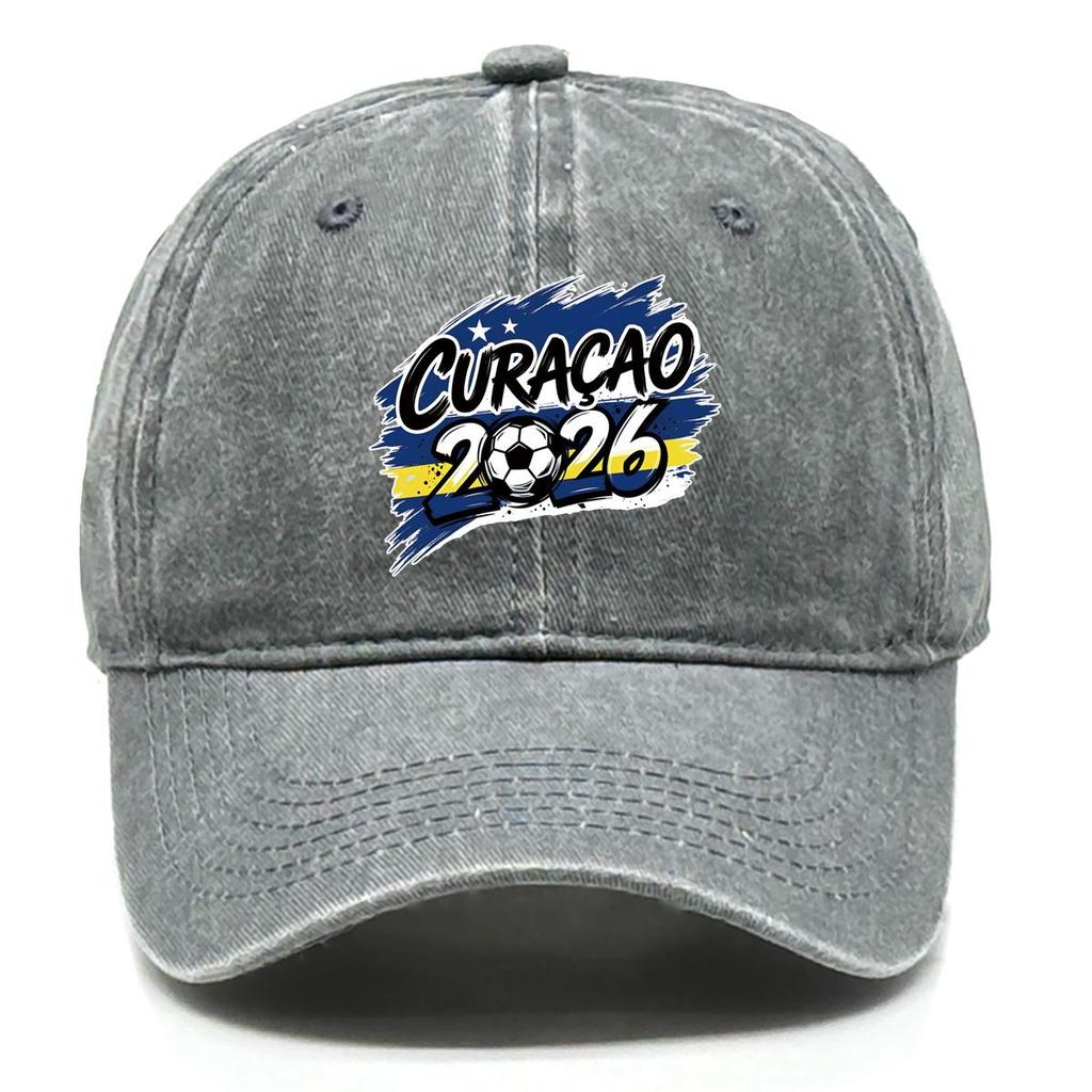2026 Football Soccer "CURACAO" Flag Printed Baseball Hat , Adjustable Baseball Cap Headwear Non-Stretch Fabric Leisure Solid Color Sun Hat