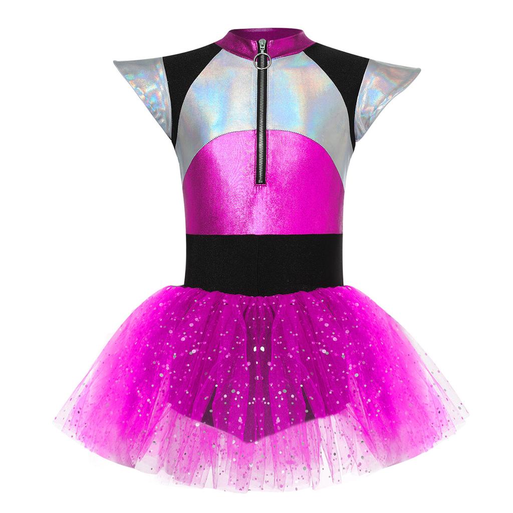 Girls Alien Theme Cheerleading Costume Color Block Patchwork Design Shiny Spangles Tutu Dress Bodysuit
