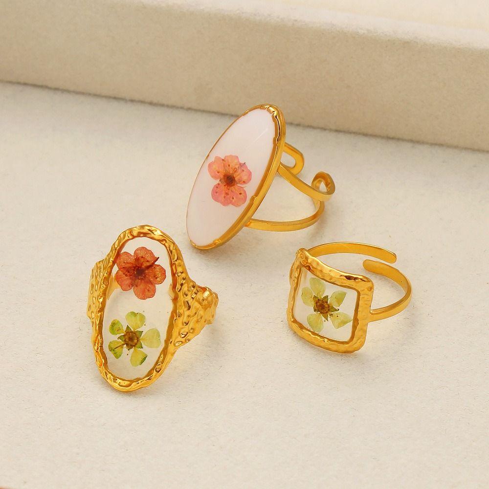 Stainless Steel Summer Transparent Ring Korean Style Open Ring Retro Eternal Flower Ring  Friend