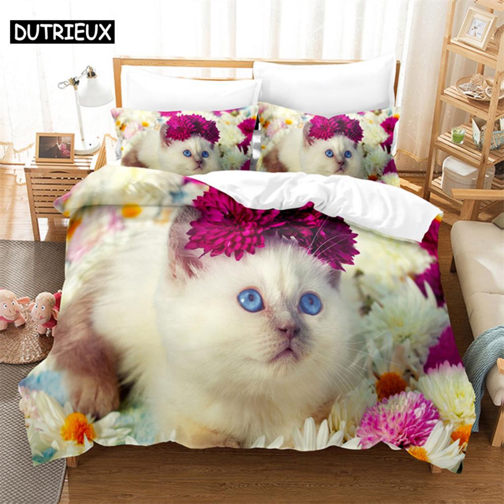 Comforter Cat Flowers Queen Bedding Set Pink Bedding Digital Printing King Size Bedding Sets