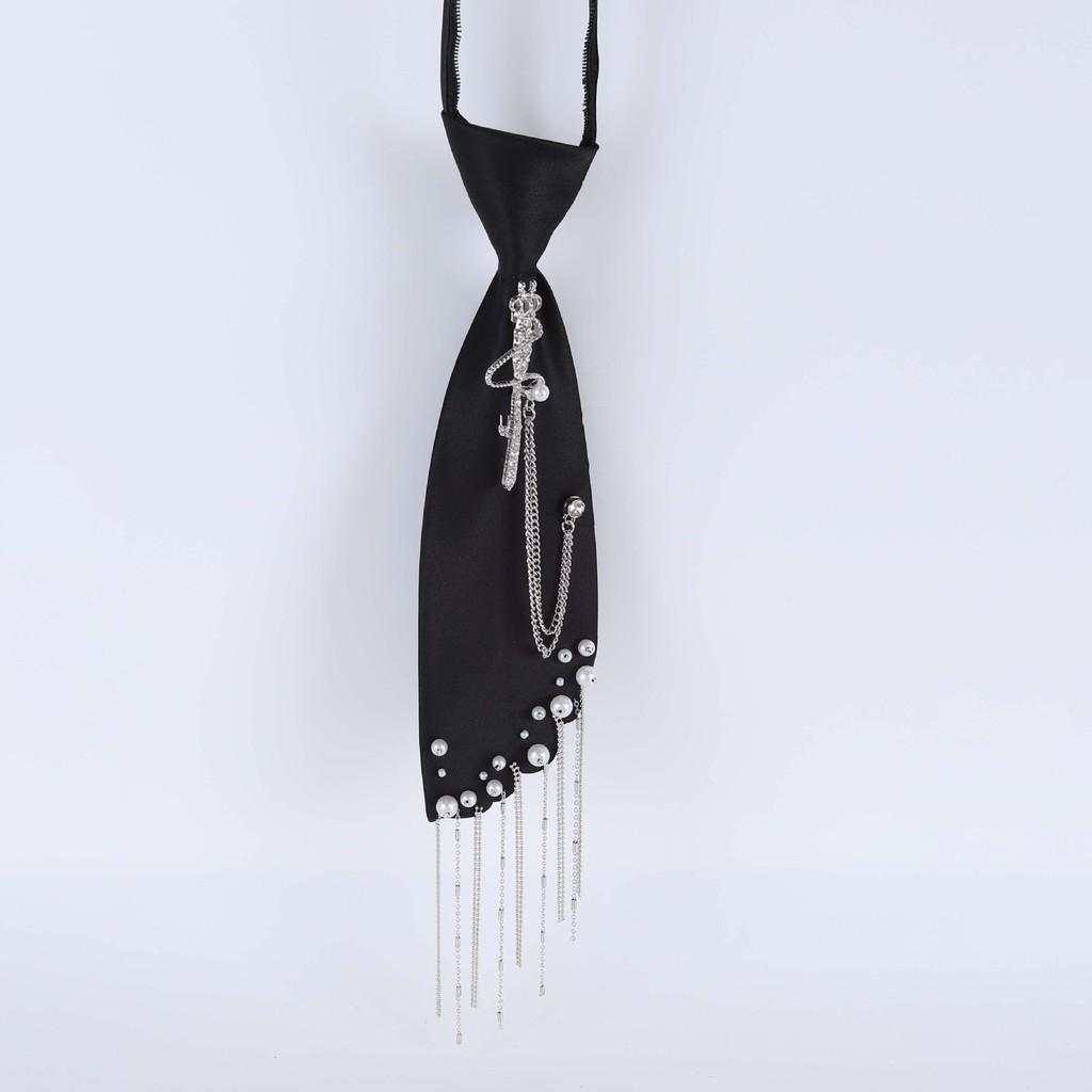 Geometric Black Satin Tie With Crown Chain Pearl Tassels For Business And Party Wear