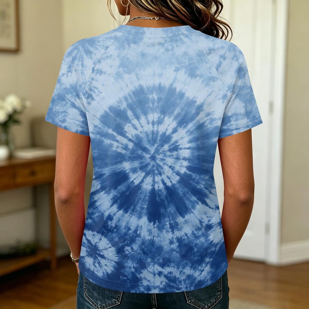 Damen Freizeit Kurzarm Raglan T-Shirt Rundhals Batik-Print Leichtes Weiches Gewebe Sommer Oberteil