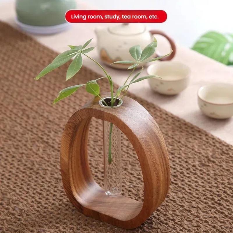 1 Stück Elegante Walnuss & Glas Vasen-Kombination - Modernes minimalistisches Design, Holzsockel mit klarem Glasrohr, Perfekt für Heim-, Hotel- und Apartmentdekor