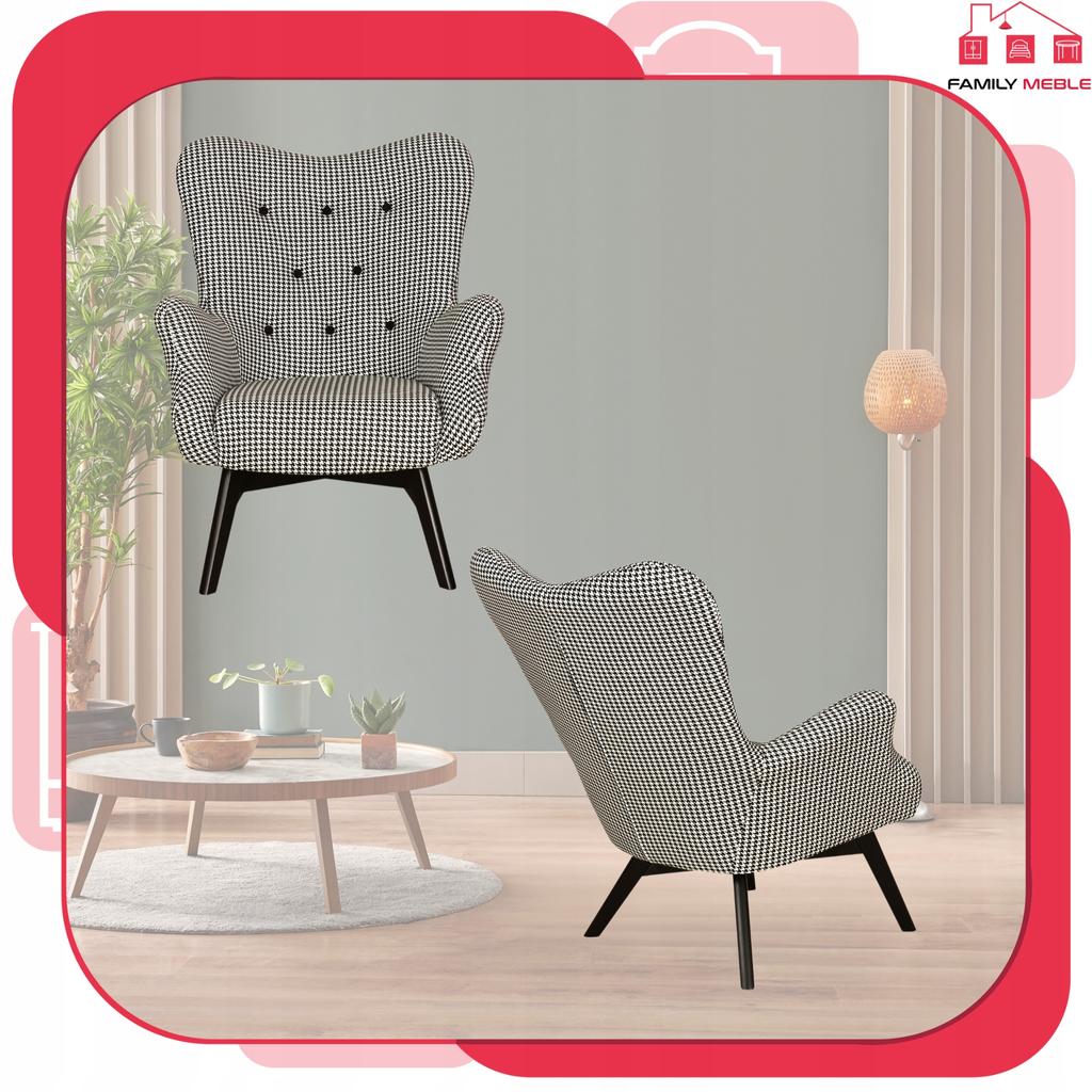 Scandinavian Armchair Luna Print with Footrest Pouffe Family Meble Houndstooth Black