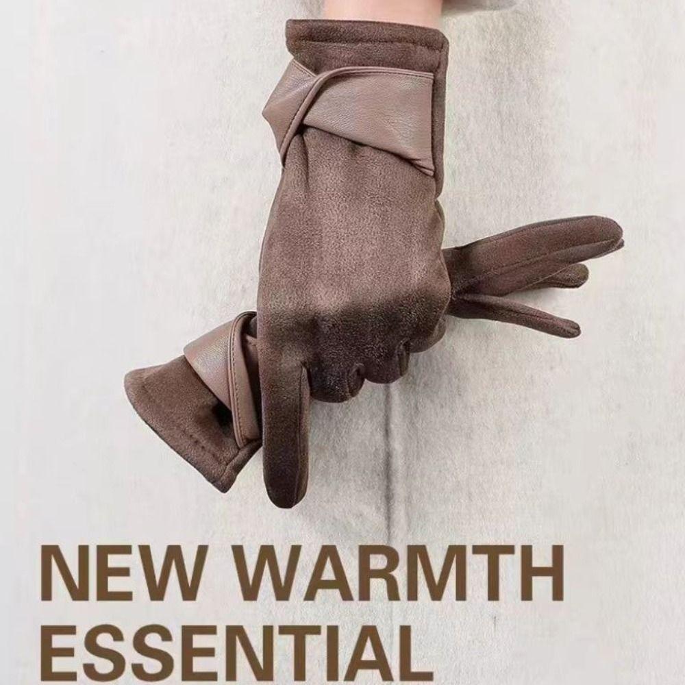 Thick Pu Leather Gloves Velvet Women Cycling Mittens Cute Winter Suede Gloves  Girls