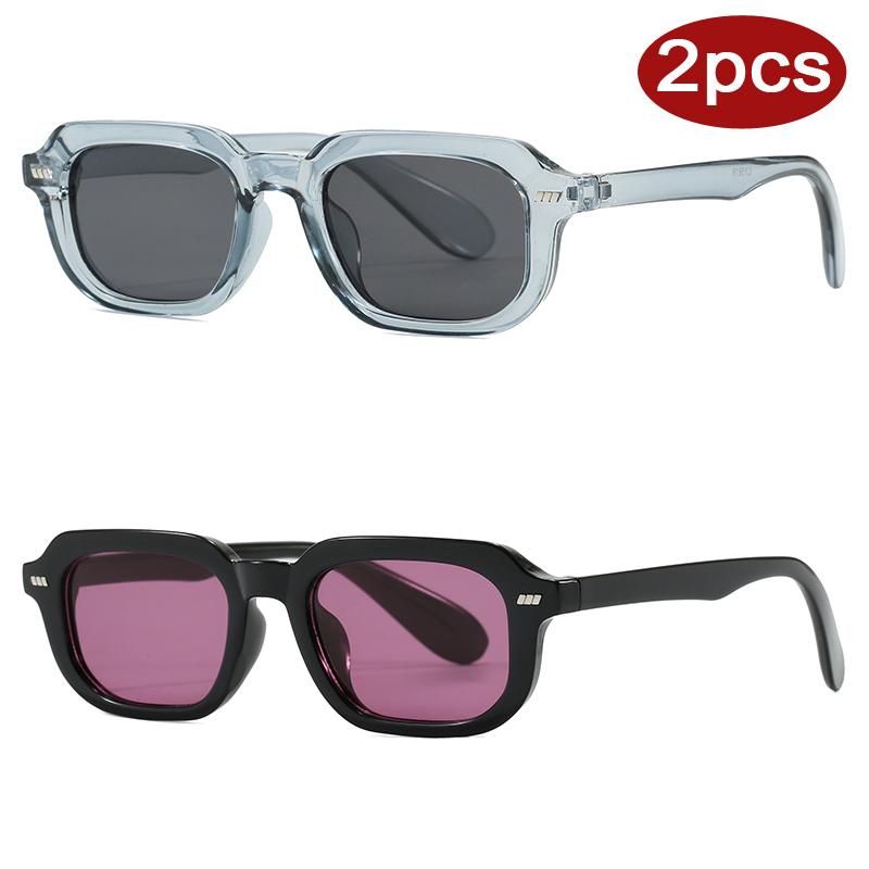 2Pcs Fashion Small Frame Rectangle Sunglasses High-Quality Simple Style Sun Glasses Vintage Men Women Rivet Eyeglass Uv400