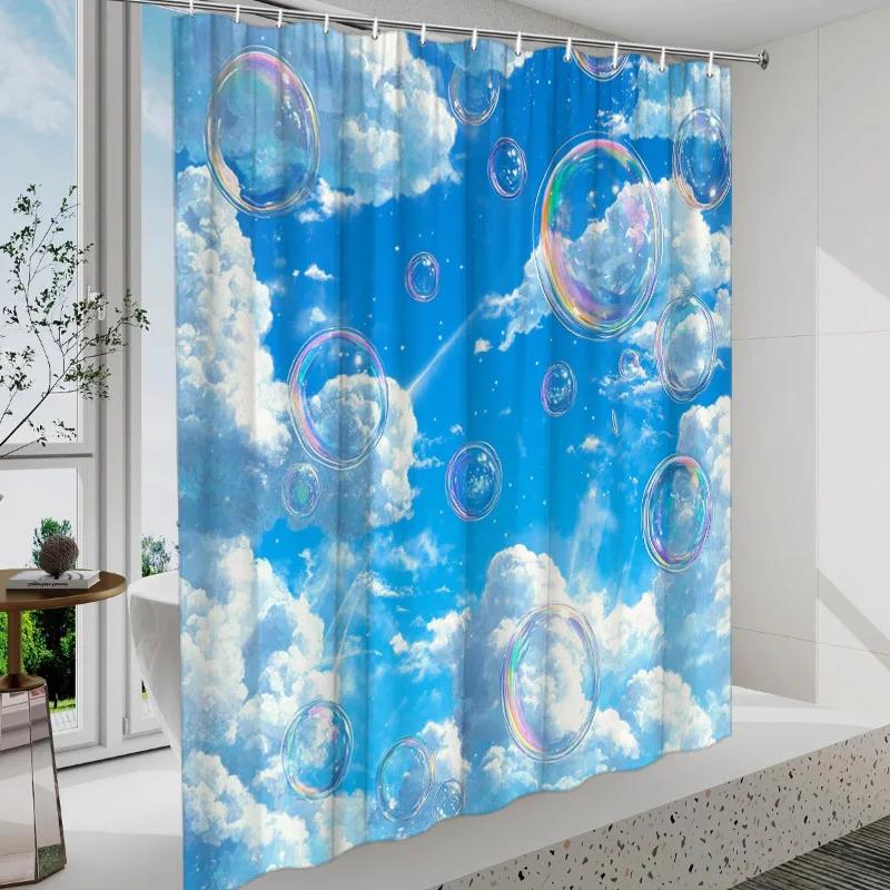 

Whimsical Dreamy Sky Shower Curtain - Fluffy Clouds, Shimmering Bubbles, Brilliant Blue,Machine Washable, Fantasy Bath Decor W90xH180cm