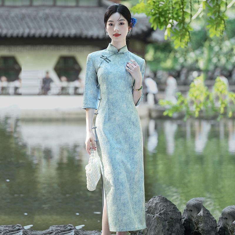 Purple National Style New Chinese Long Autumn Long-sleeved Cheongsam Improved Young Women's High-end Sense Retro Slim Spring and Autumn
