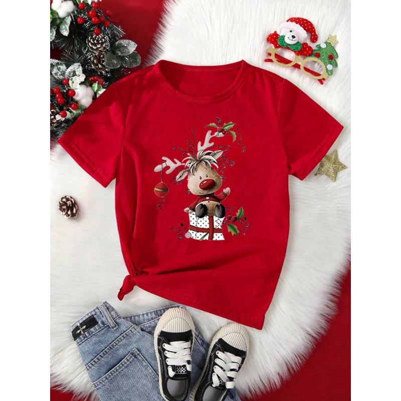 Damen Weihnachten Rentierdruck T-Shirt Lässig O-Ausschnitt Kurzarm T-Shirt Niedliches T-Shirt Schwarz Geeignet für Alle Jahreszeiten T-Shirt Tops
