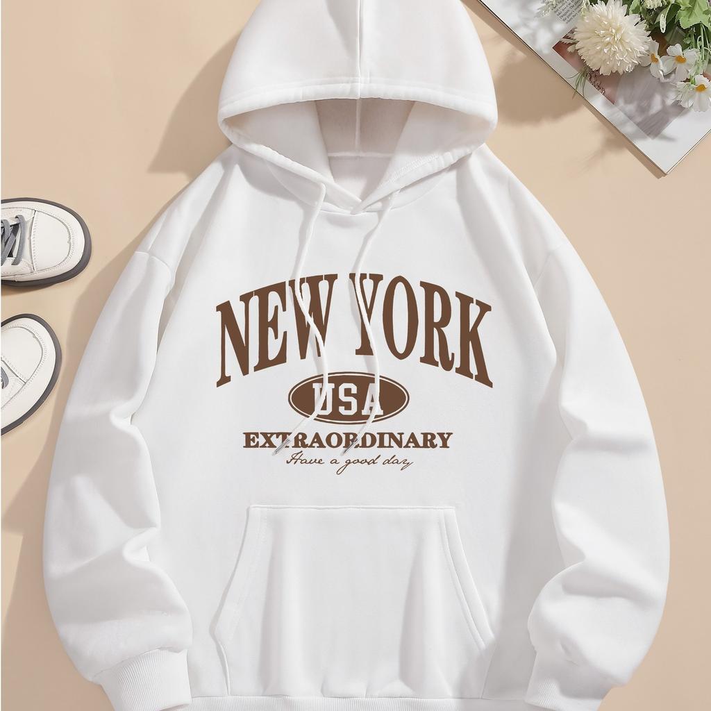 Autumn Winter New York Letter Print Women Hoodie Drawstring Long Sleeve Casual Hooded Sweatshirt Women's Clothing Men Pullovers