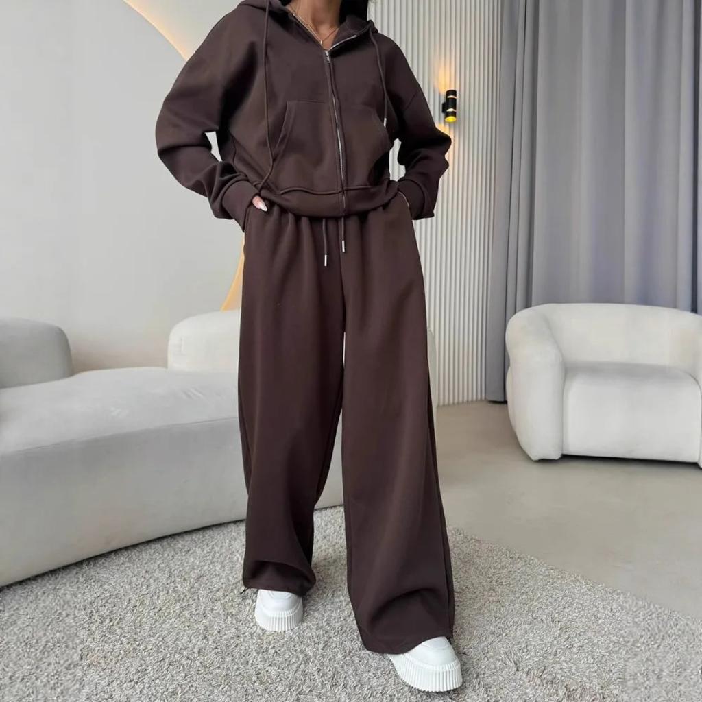 VAYLA Y2K Sportswear Women's Solid Color Long Sleeve Zippered Cardigan Hooded Sweatshirt Lace-up Trousers Two-piece Set