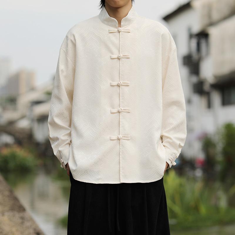 

Men Traditional Chinese Wave Jacquard Frog Button Tang Suit Long Sleeve Shirt M белый