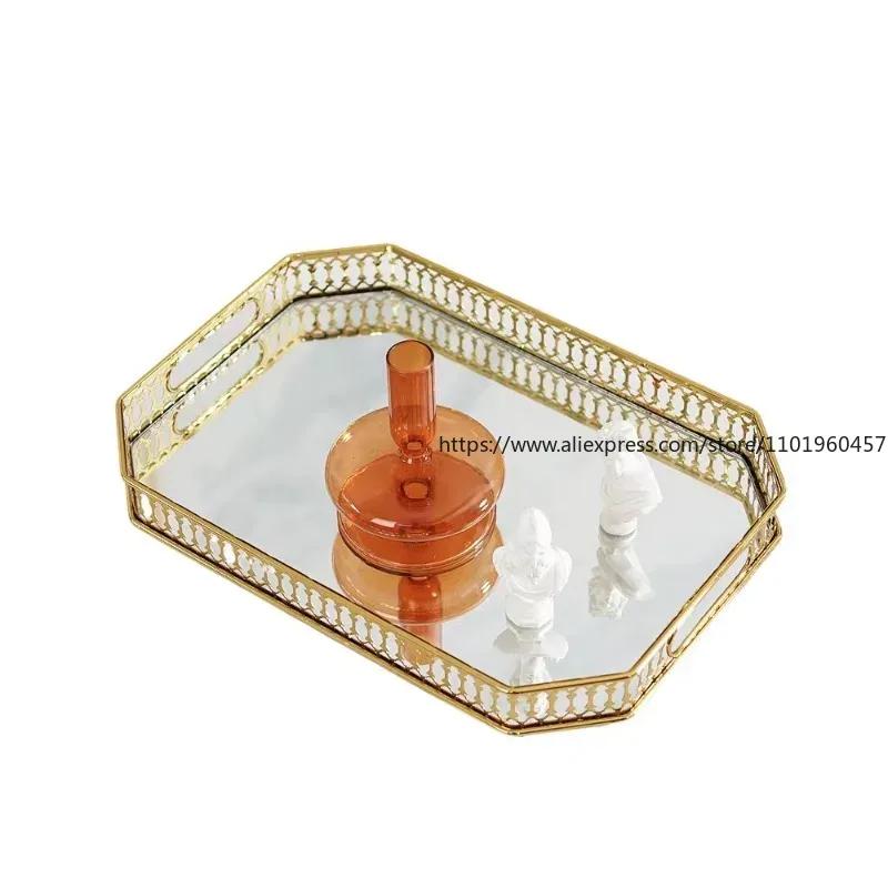 Gold Crystal Tray Decorative Storage Box Dessert Serving Plate Makeup Tray Jewelry Organizer for Home Living Room Bathroom Decor