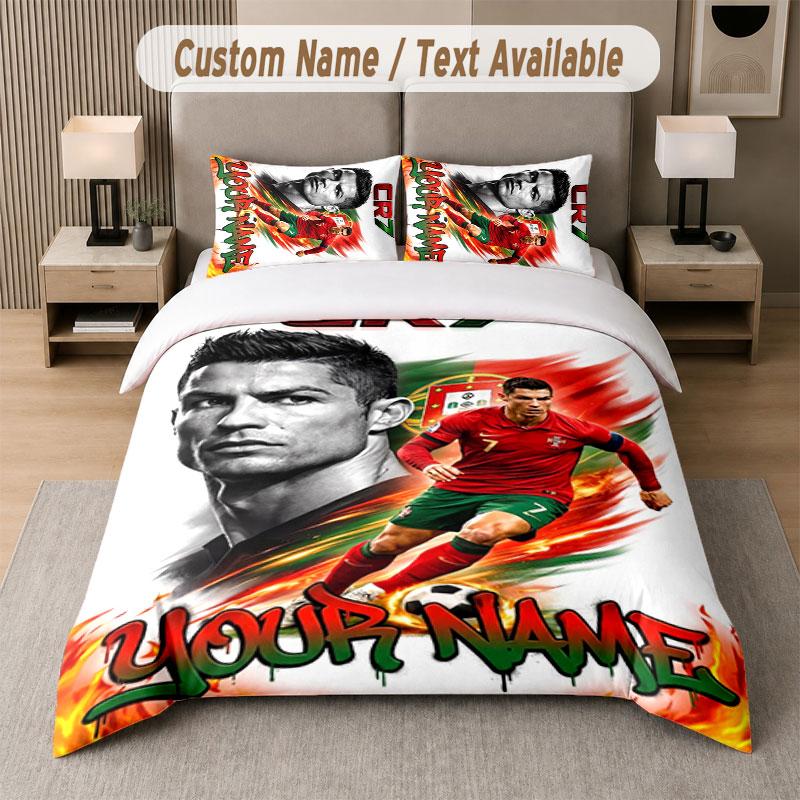 Custom Bedding Set Cristiano Ronaldo Pattern, Print Name Text 1 Duvet Cover Plus 2 Pillowcases Home Textile