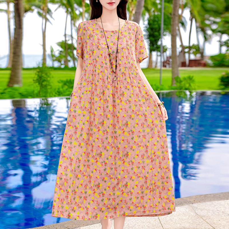 Plus Size Elegant Women's Summer Dress Vintage Clothes Short Sleeve Loose Long Dresses