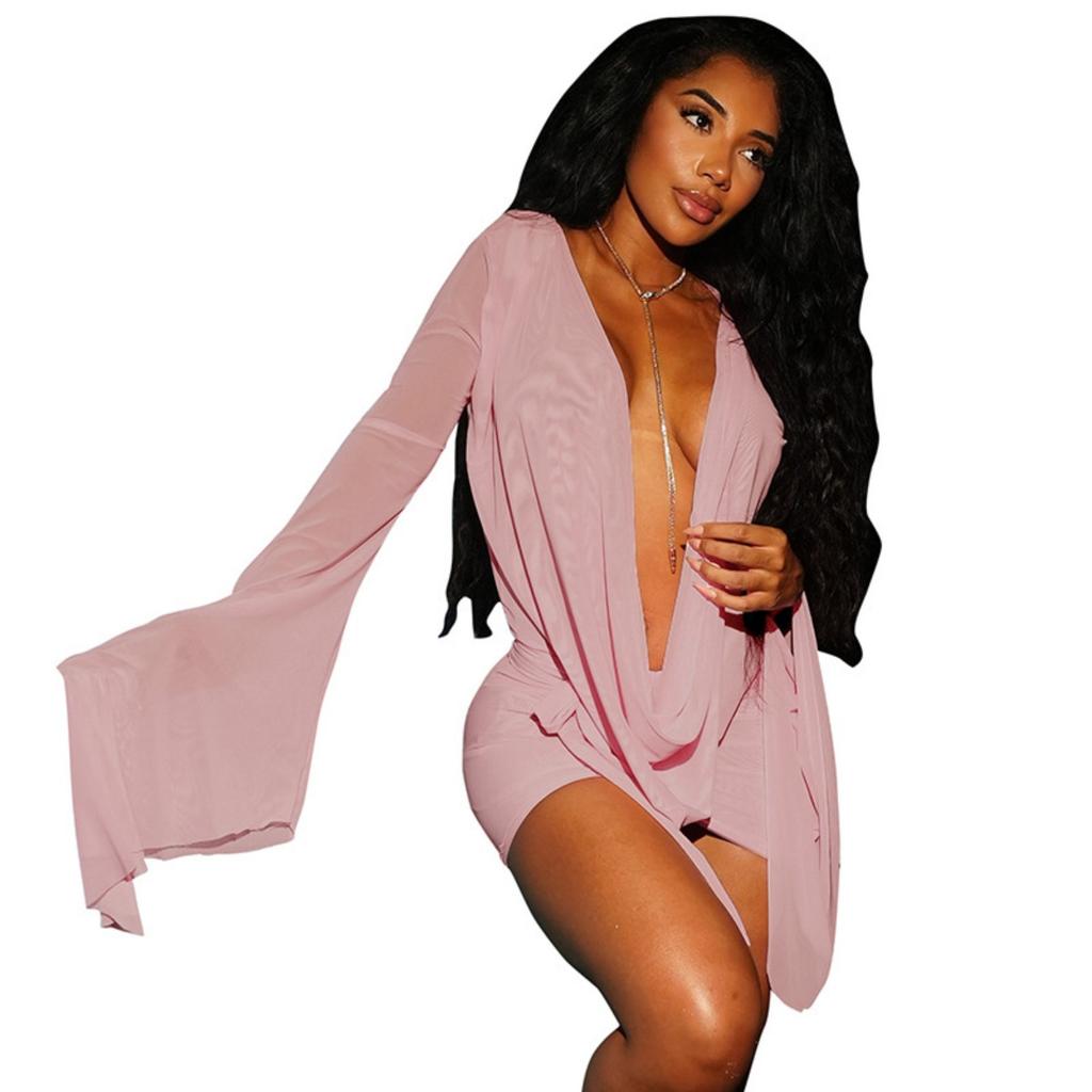 New Women's Mesh Cowl Neck Backless A-line Swing Long Sleeve Dress, European American Casual Party Dress