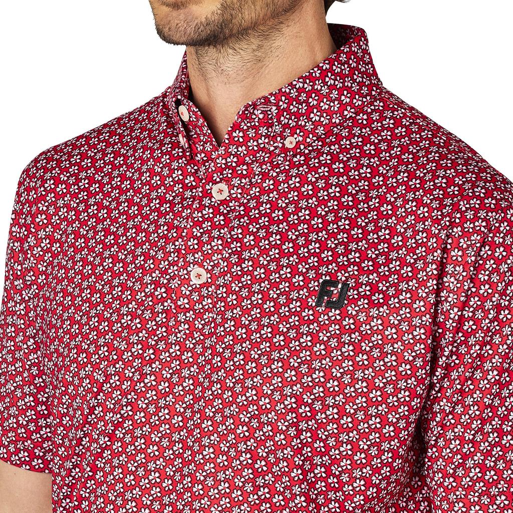 FootJoy Men's Hibiscus Flower Print Short Sleeve Button-Down Golf Shirt, Size L (FJ-S25-S14, 34557-L)