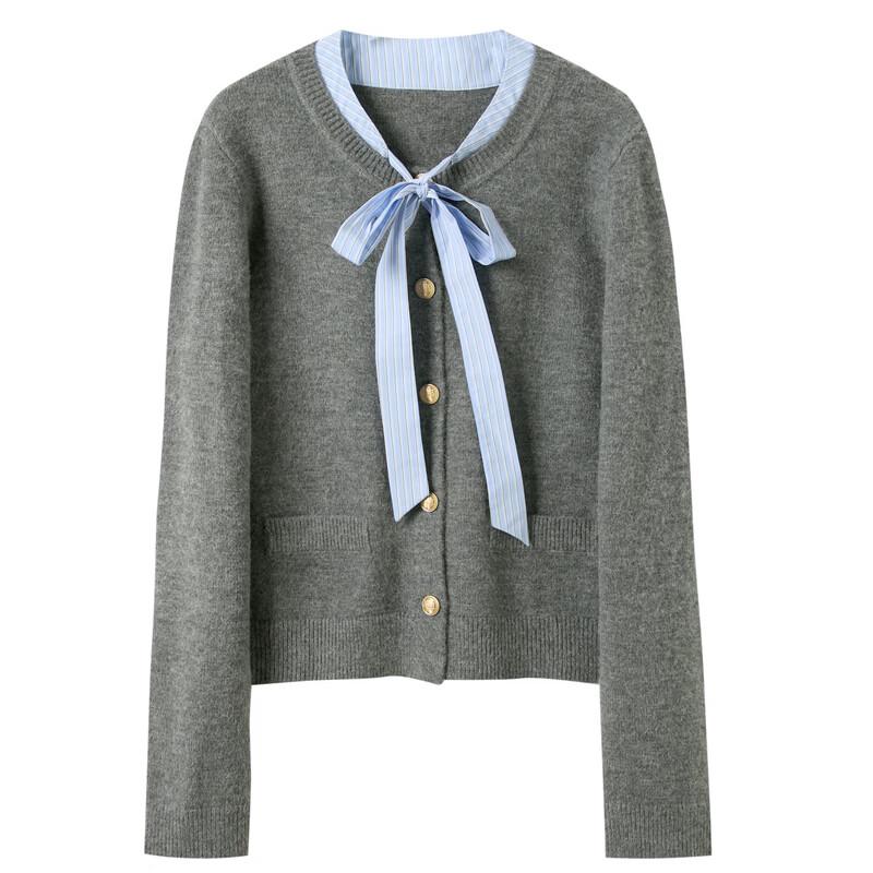 Sancai 2026 Winter Faux Two-Piece Striped Knitted Cardigan