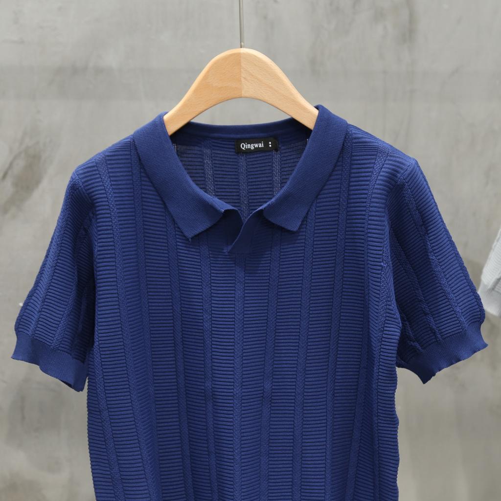 Summer Men's Business Casual Lapel Short Sleeve Knitted Solid Color POLO Shirt
