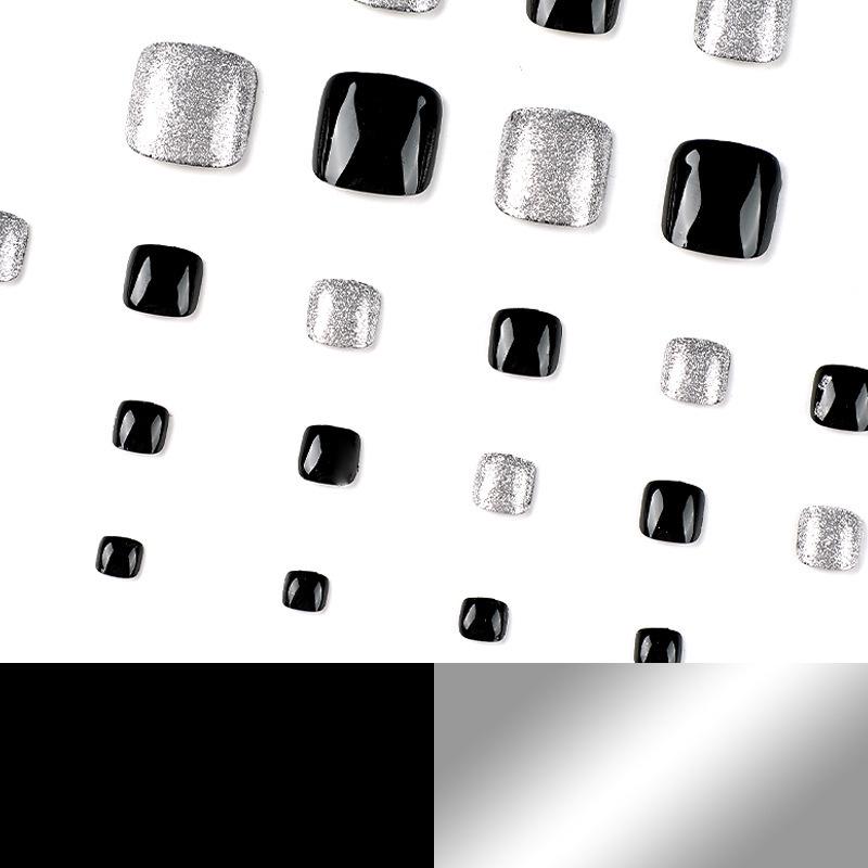 Black & Silver Glitter Press-On Toenails Stickers Set: Stylish Wearable Nail Art
