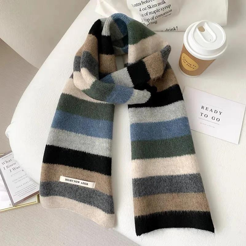 Korean Fashion Scarf Winter Autumn Women Striped Knit Wool Muffler Female Chic Versatile Small Soft Warm Shawl Trendy Girl