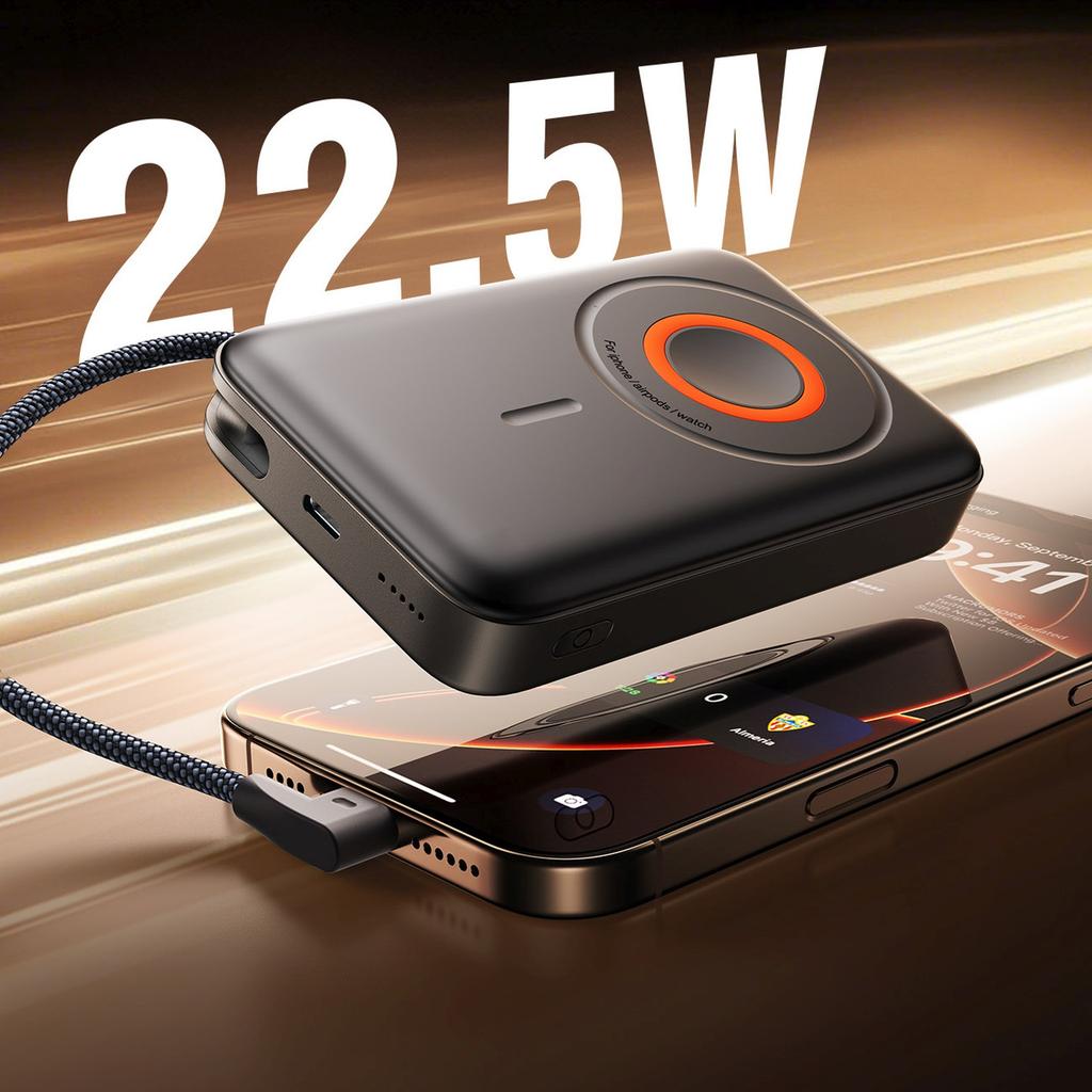 Powerbank indukcyjny 3w1 10000mAh 22.5W z wbudowanym kablem MagSafe - czarny