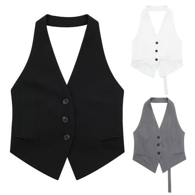Sommer Damen Weste Neckholder Ärmellos Einreihig Reine Farbe Taschen Strickjacke OL Pendelstil Formale Business Weste
