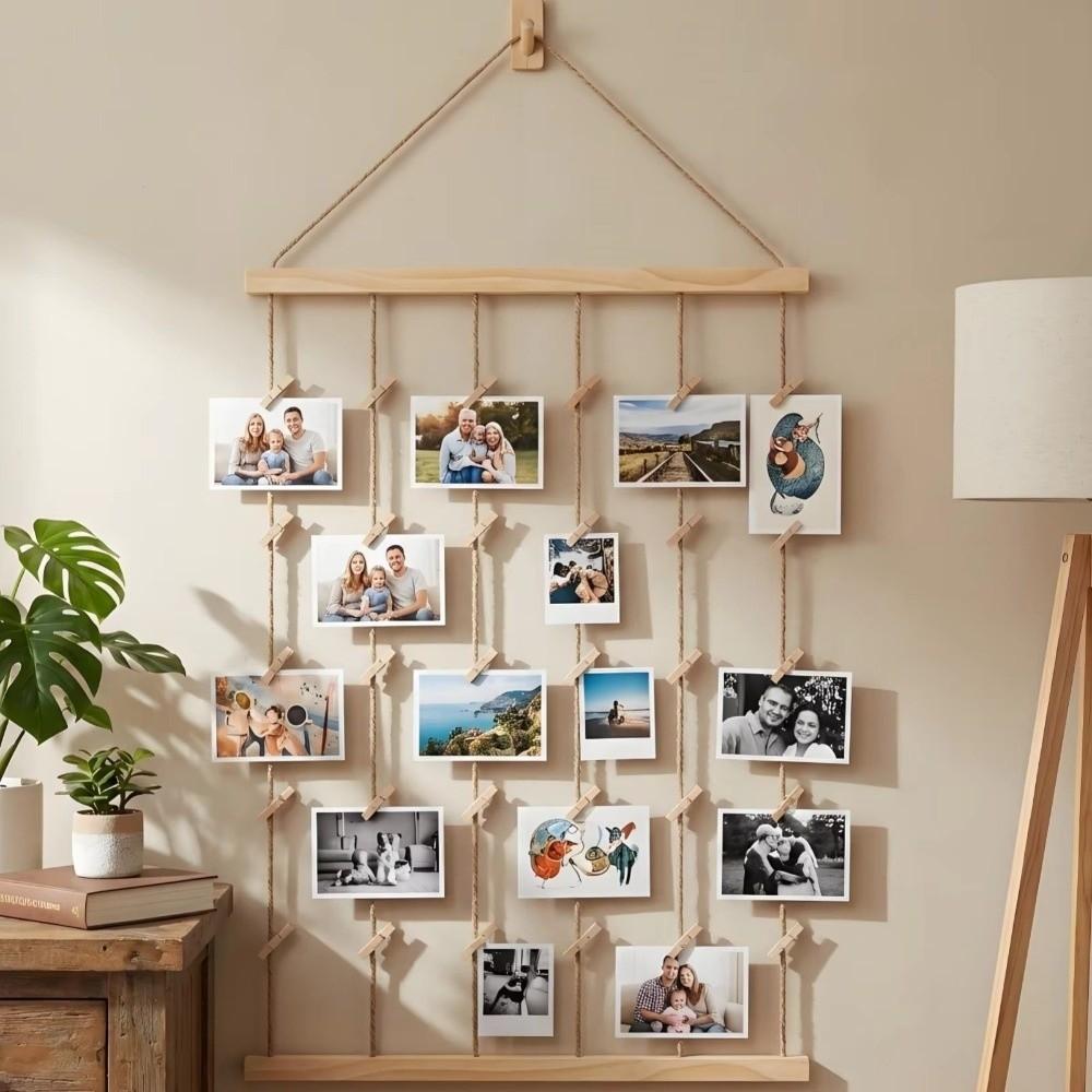 Hanging Photo Display Holder Handmade Multiple Pictures Hangers Picture Frames Wood Splint Picture Board for Home Decoration