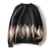 Autumn Winter Vintage Patchwork Loose Casual Sweater Women Round Neck Bottomed Knitting Tops