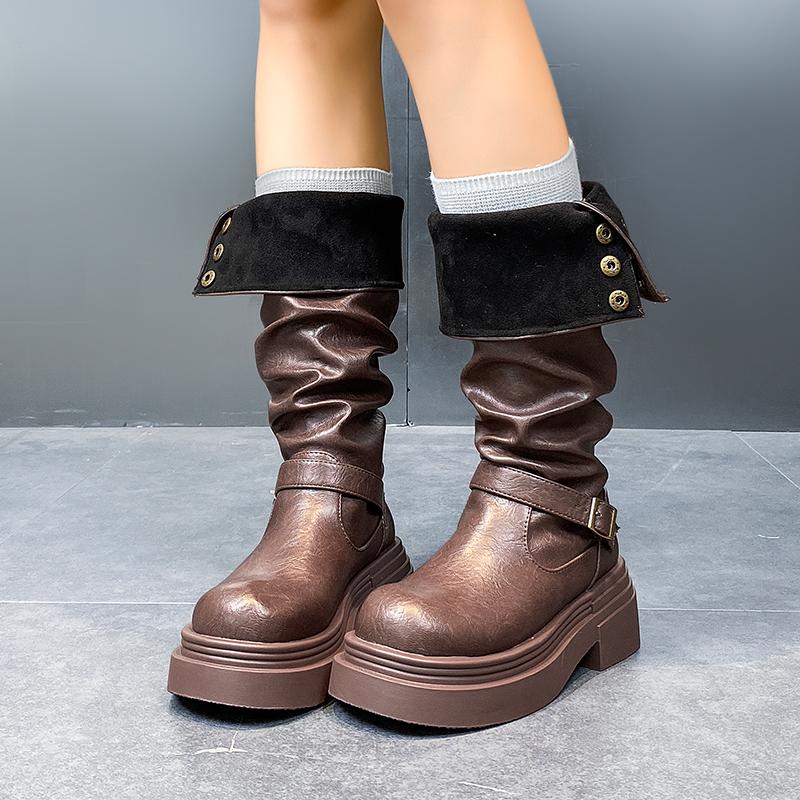 Studded Block Heel Cotton Boots Autumn New Round Toe Metal Belt Buckle Platform Anti-Slip Wear-Resistant Mid-Tube Boots