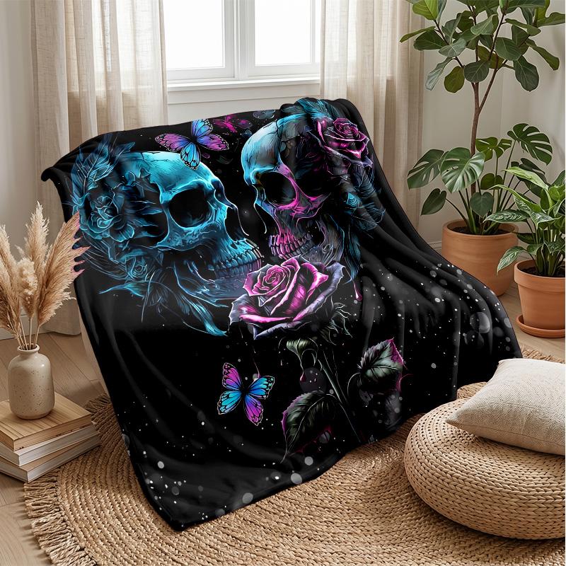 Skulls and Floral Butterflies Theme blanket Lightweight Warm Flannel Blanket Decorative Throw Blanket for Home Decoration