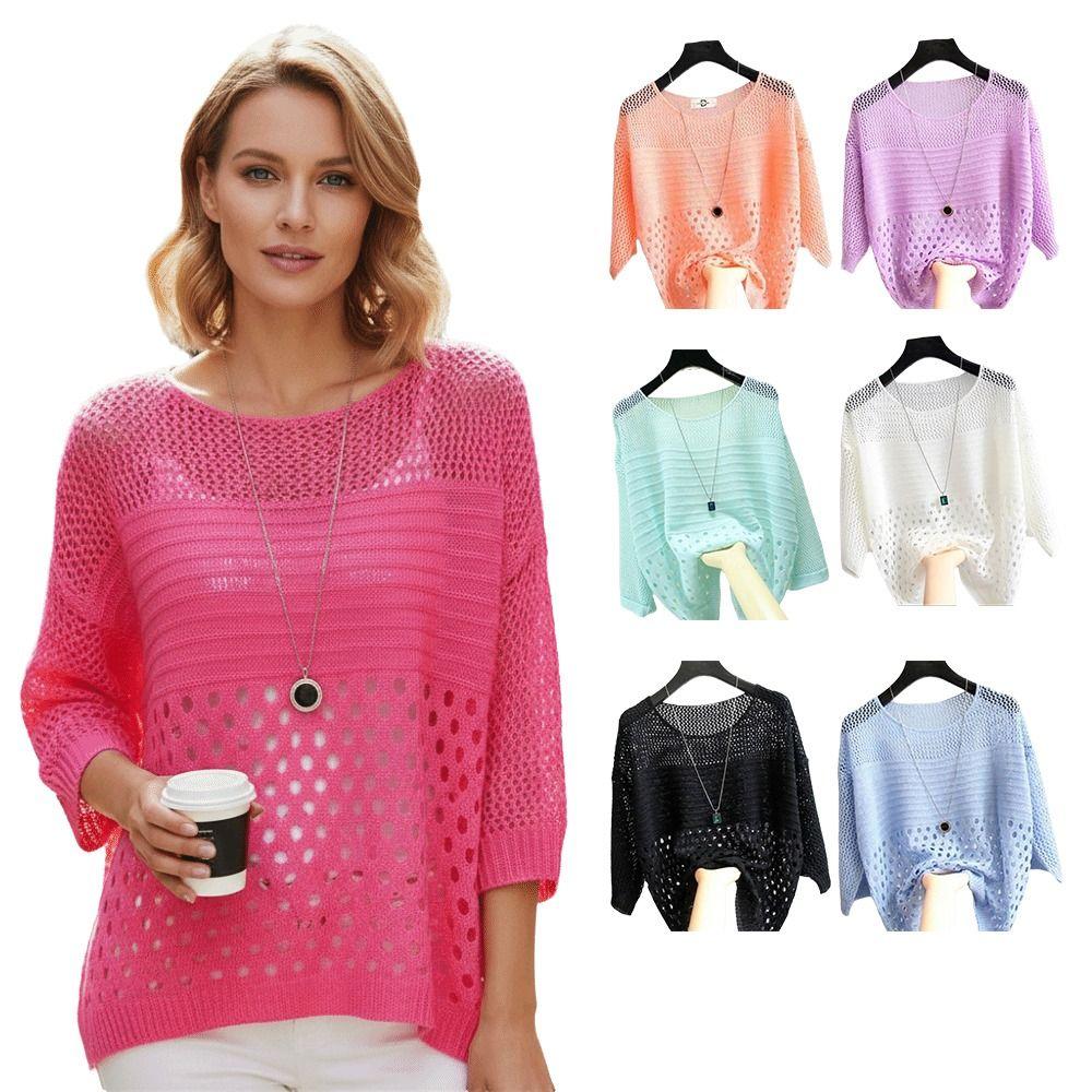 Crochet Knit Knit Sweater Round Neck Hollow Out Top Fashion Beach Cover Up  Beach Vacation