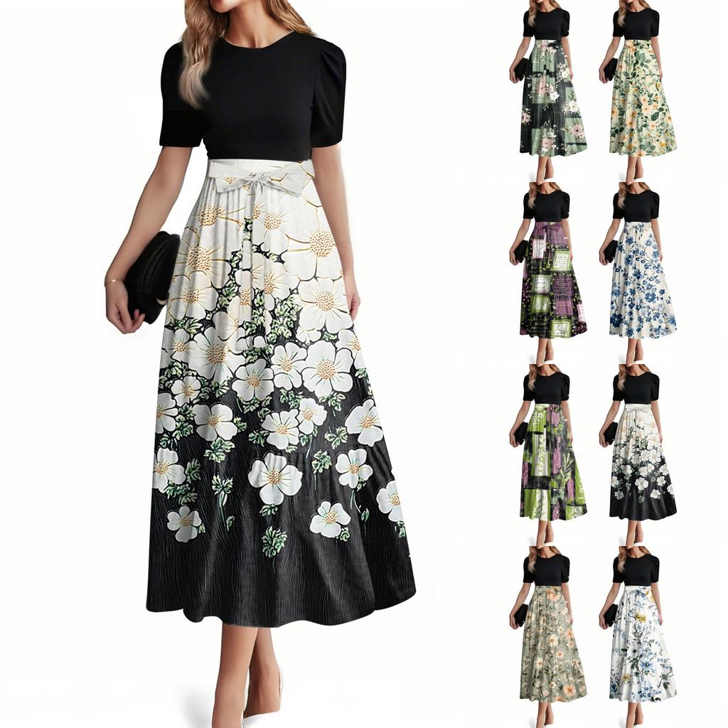 Dámské módní ležérní šaty s páskem, krátkým rukávem, kulatým výstřihem, šitím, elegantním temperamentem